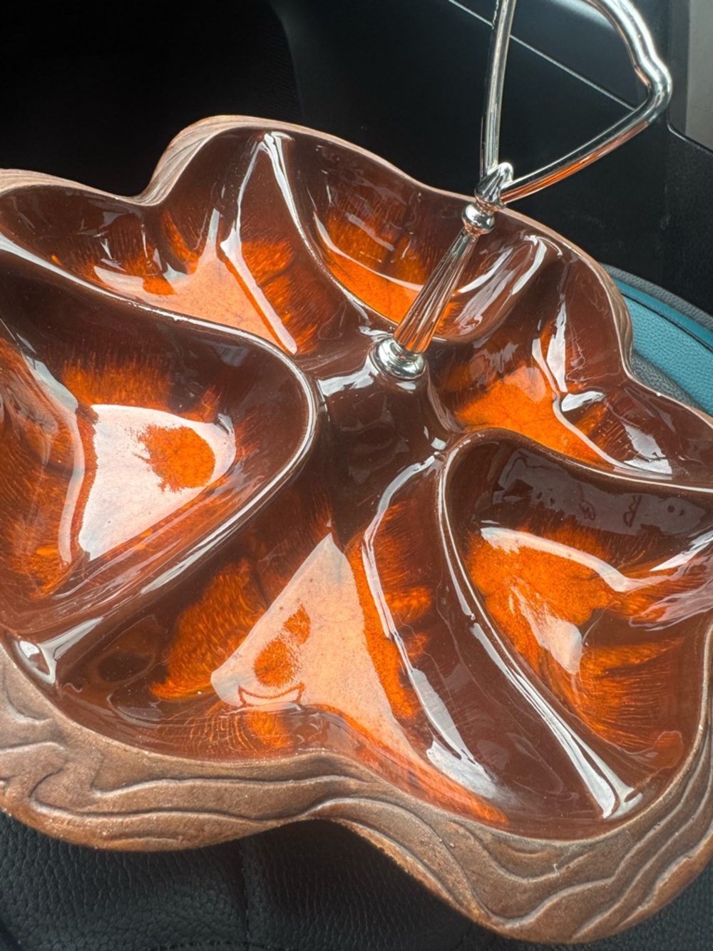 Amber Glass Divided Serving Tray with Handle